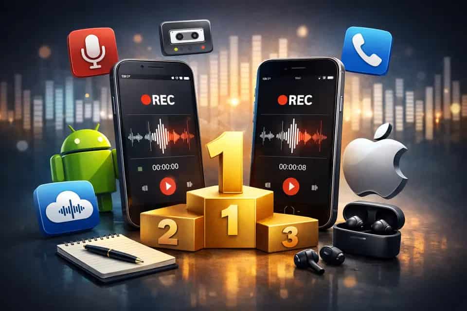 Smartfon z ekranem połączenia i ikoną nagrywania rozmowy na Androidzie i iPhonie