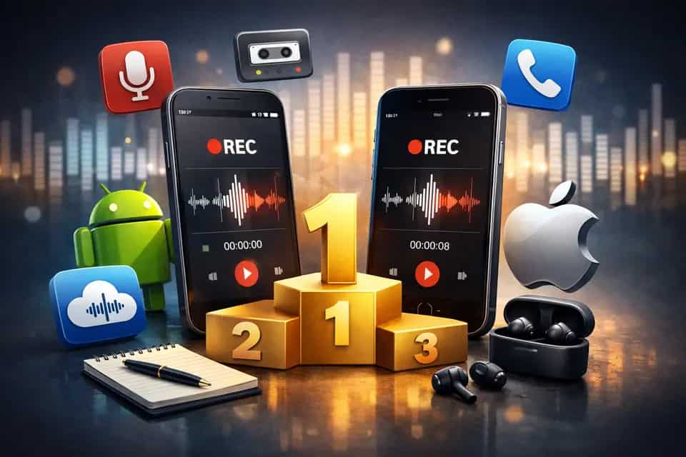 Smartfon z ekranem połączenia i ikoną nagrywania rozmowy na Androidzie i iPhonie