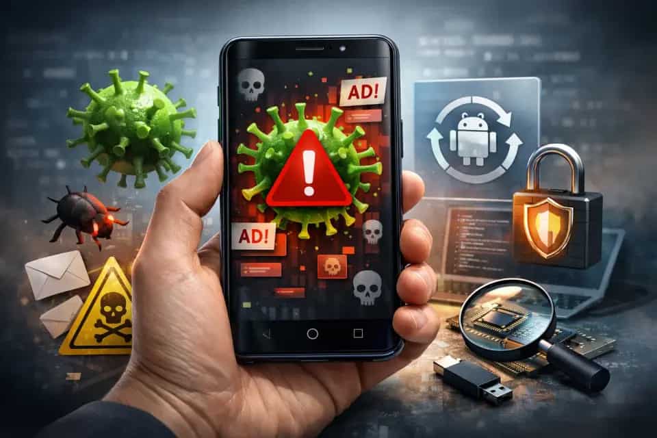 Smartfon z Androidem z ekranem ustawień bezpieczeństwa i skanowaniem aplikacji