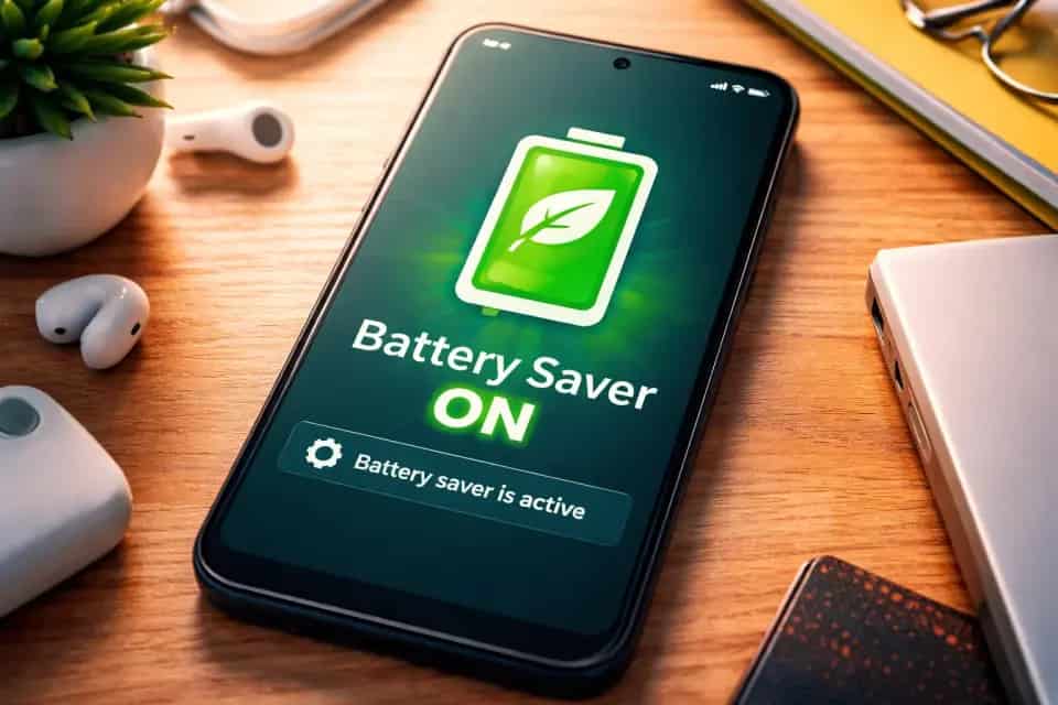 Smartfon z włączonym trybem oszczędzania baterii na ekranie