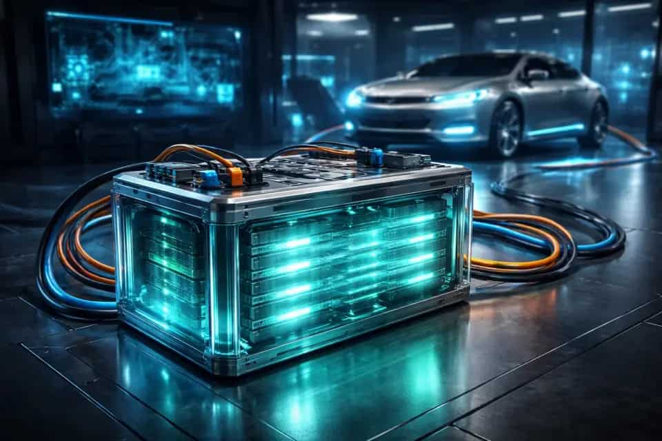 Przekrój nowoczesnej baterii solid-state stosowanej w samochodzie elektrycznym