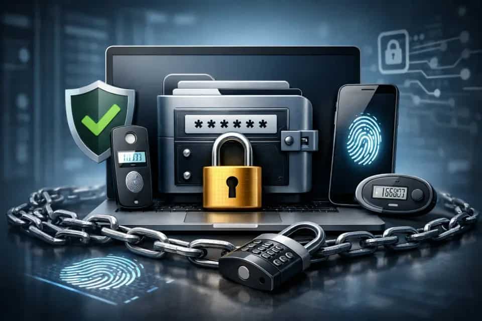 Ekran aplikacji menedżera haseł na smartfonie i laptopie