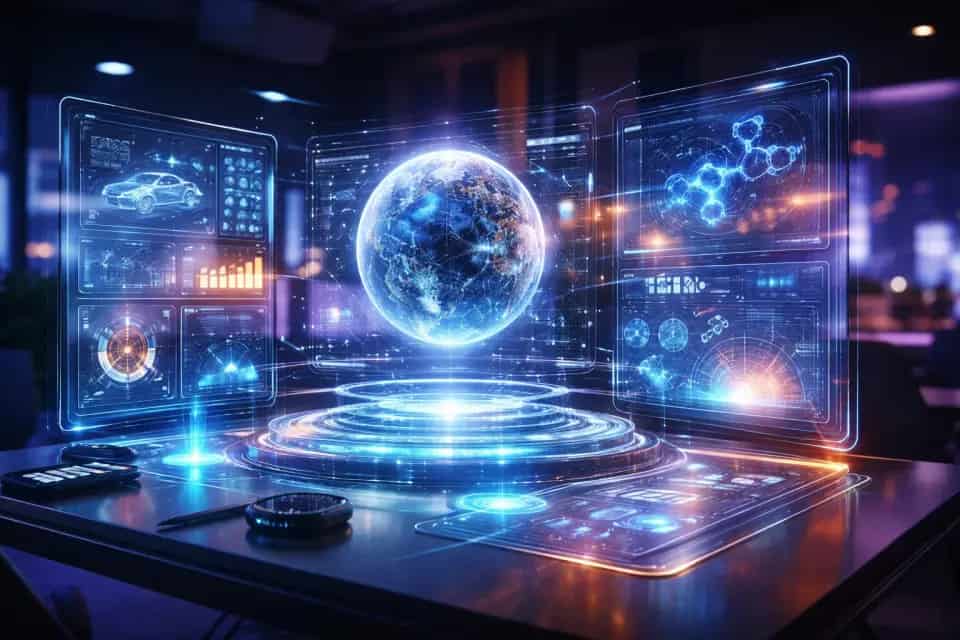 Przestrzenny interfejs i holograficzny ekran obok klasycznego monitora na biurku