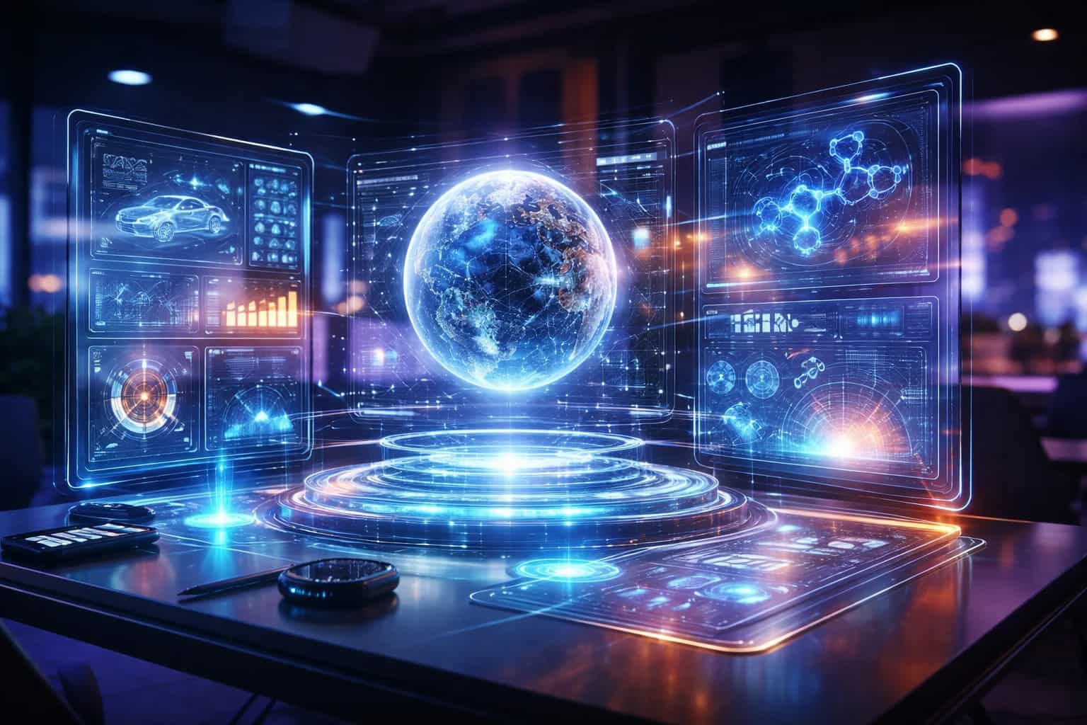 Przestrzenny interfejs i holograficzny ekran obok klasycznego monitora na biurku