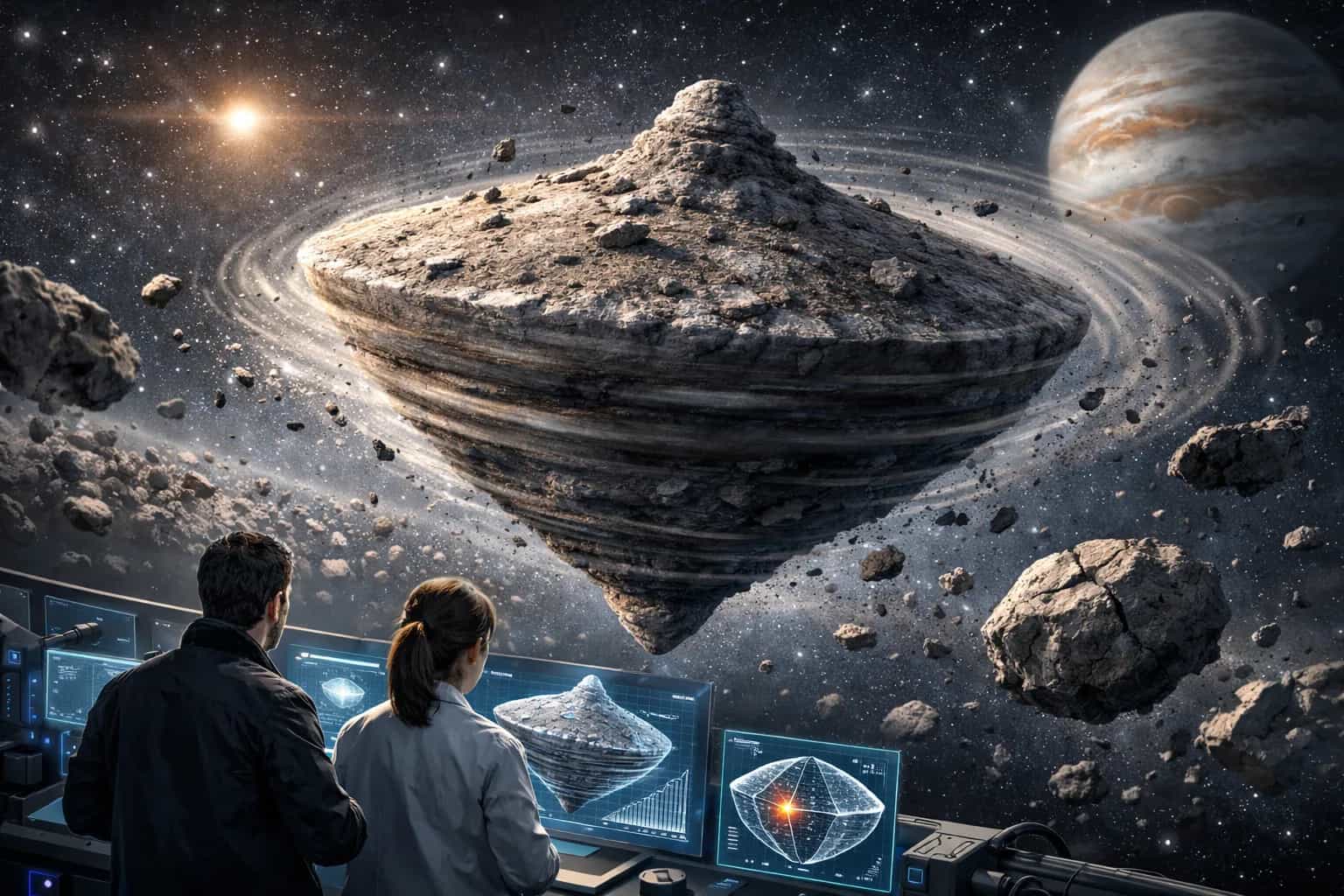 Wizualizacja szybko obracającej się asteroidy 2025 MN45 na tle kosmosu