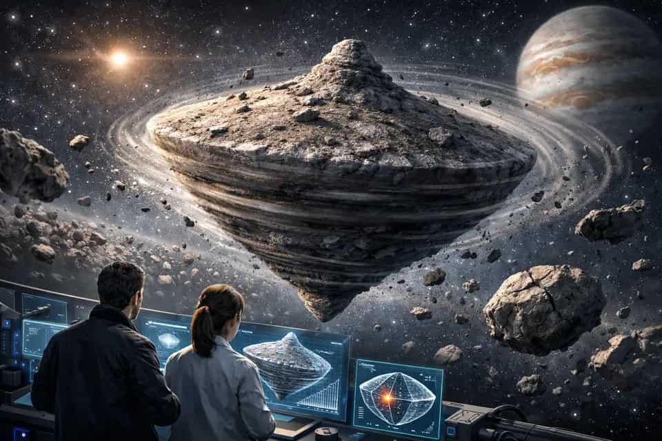 Wizualizacja szybko obracającej się asteroidy 2025 MN45 na tle kosmosu