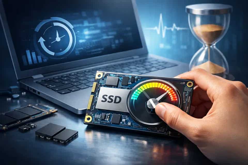 Dysk SSD zamontowany w laptopie podczas diagnostyki i konserwacji