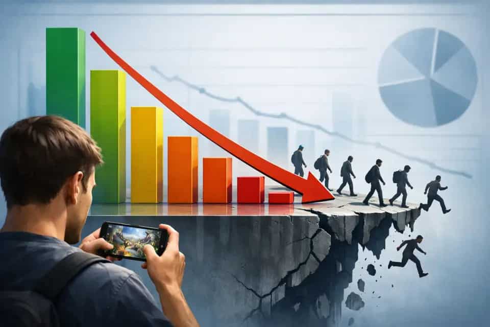 Ekran smartfona z mobilną grą i wykresem spadku retencji graczy