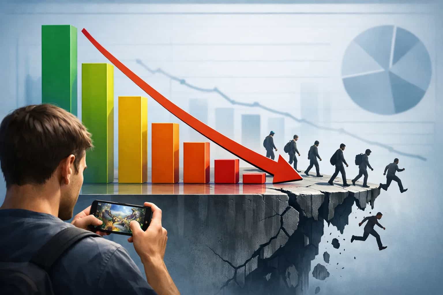 Ekran smartfona z mobilną grą i wykresem spadku retencji graczy