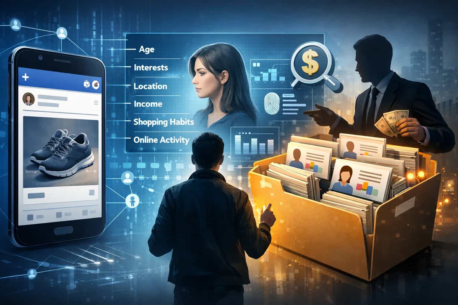 Ekran Facebooka z reklamami i symbolicznym motywem danych użytkownika