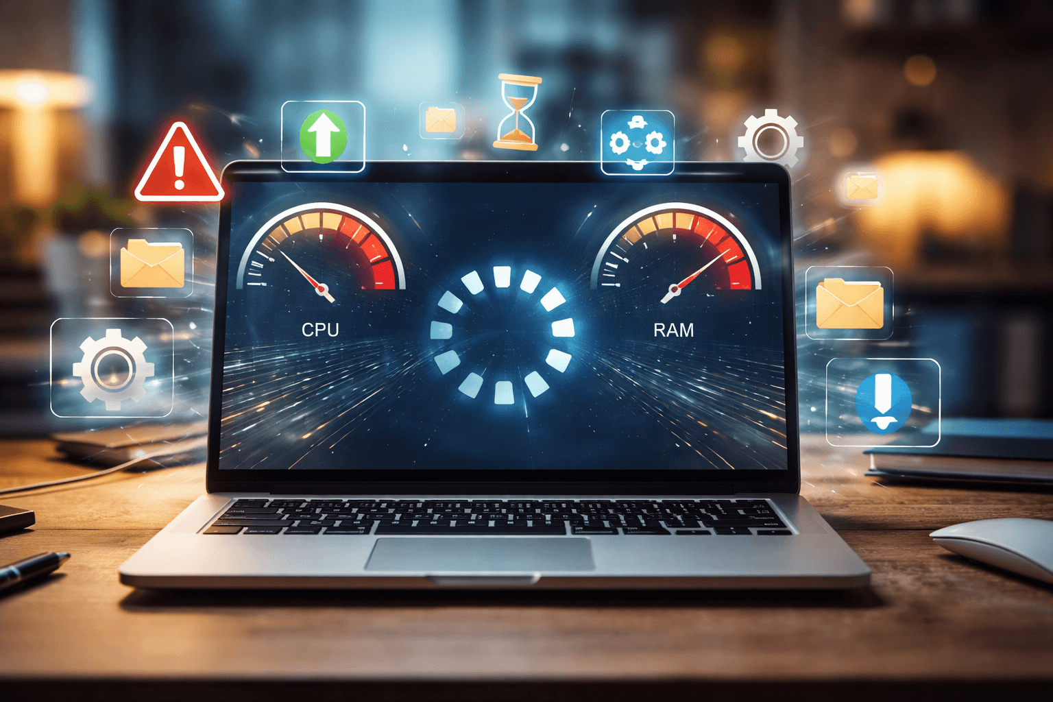 Kilkuletni laptop z otwartym Menedżerem zadań i wykresami obciążenia systemu