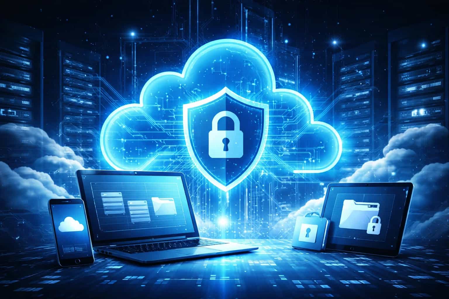 Interfejs usługi chmurowej z ikonami plików i symbolem zabezpieczeń danych