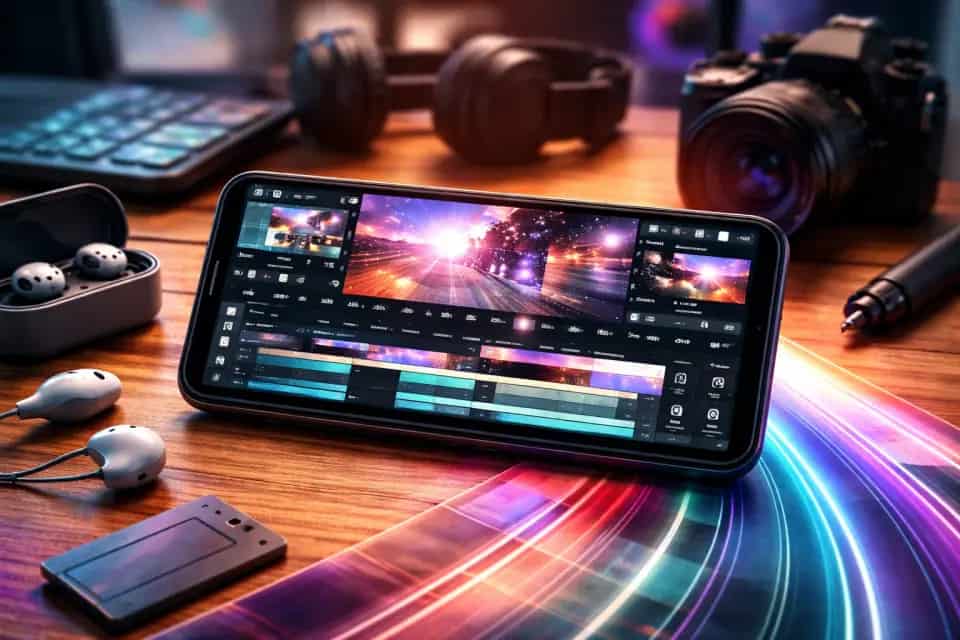 Ekran smartfona z aplikacjami do edycji wideo na Androida i osią czasu montażu