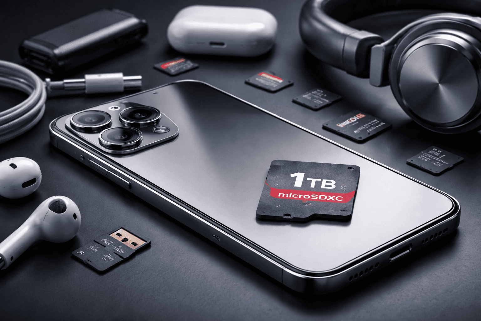 Smartfon premium z ekranem specyfikacji pokazującym wariant pamięci 1 TB