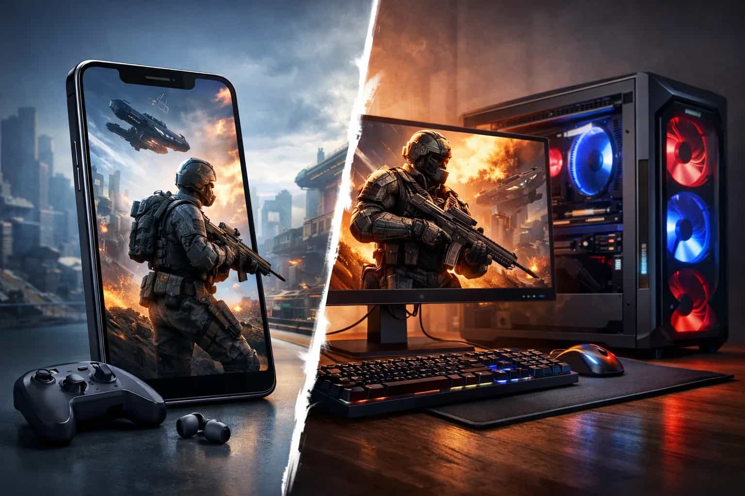 Smartfon z uruchomioną grą obok komputera gamingowego