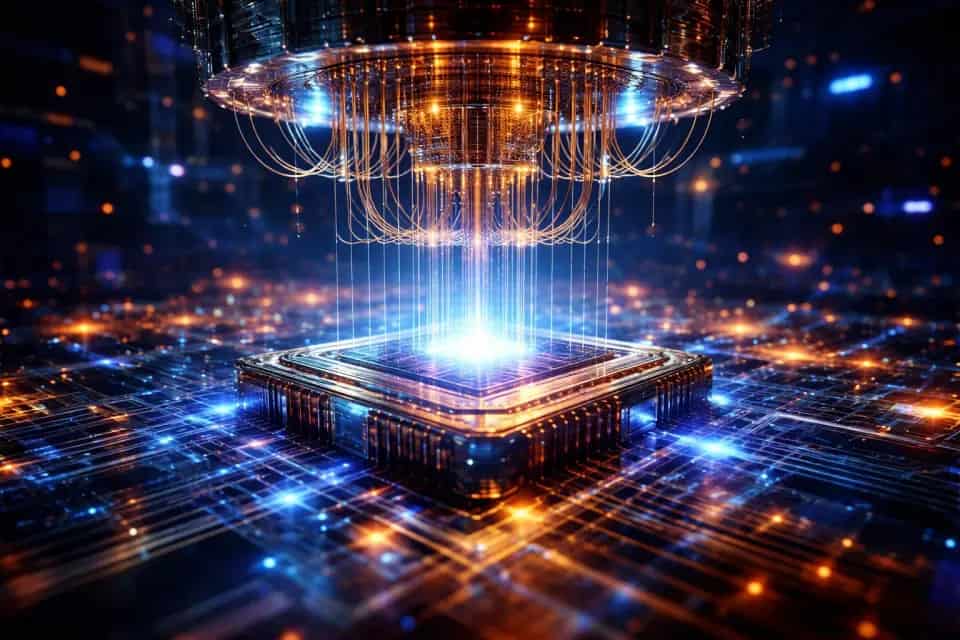 Wizualizacja komputera kwantowego z układem chłodzenia i przewodami