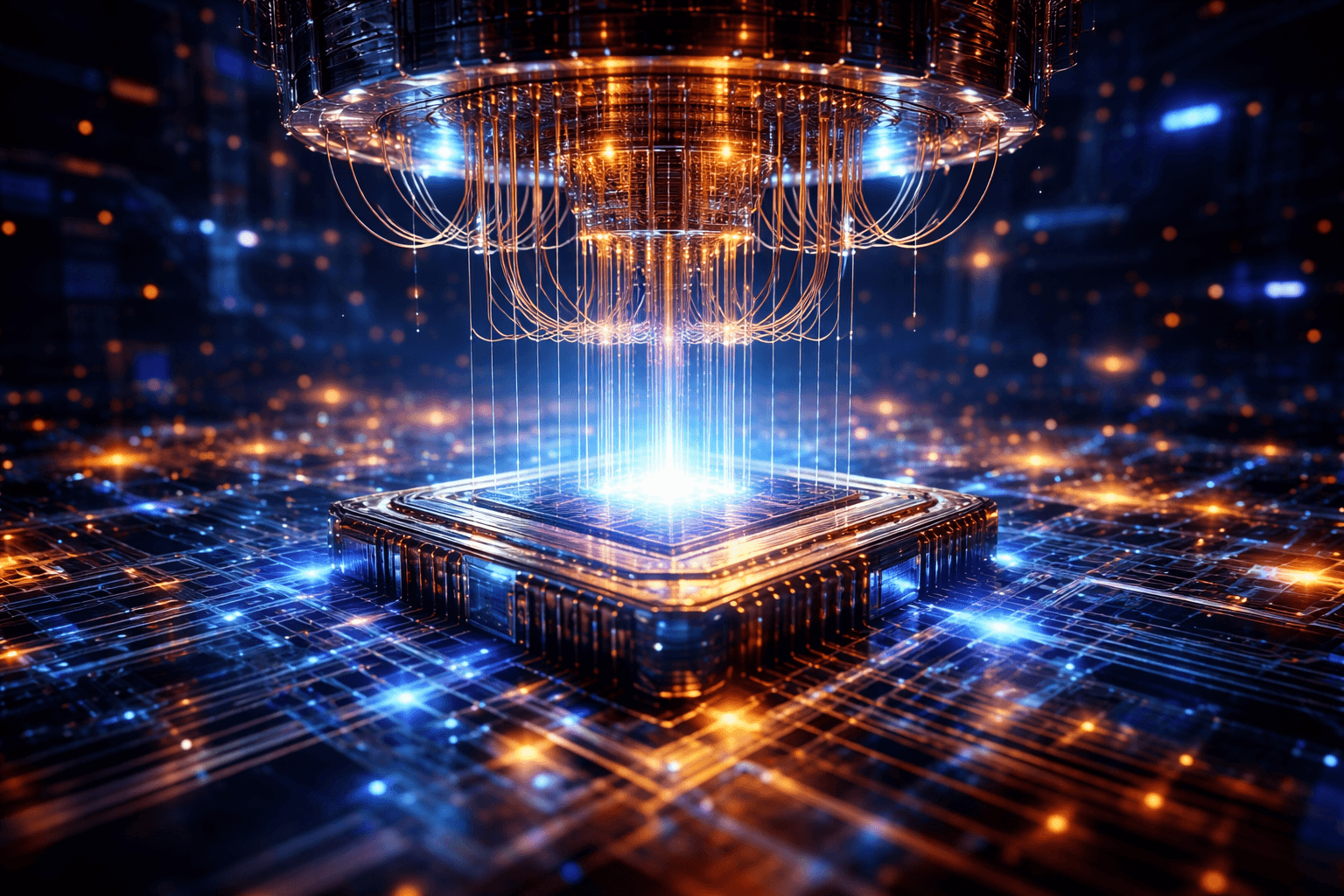 Wizualizacja komputera kwantowego z układem chłodzenia i przewodami