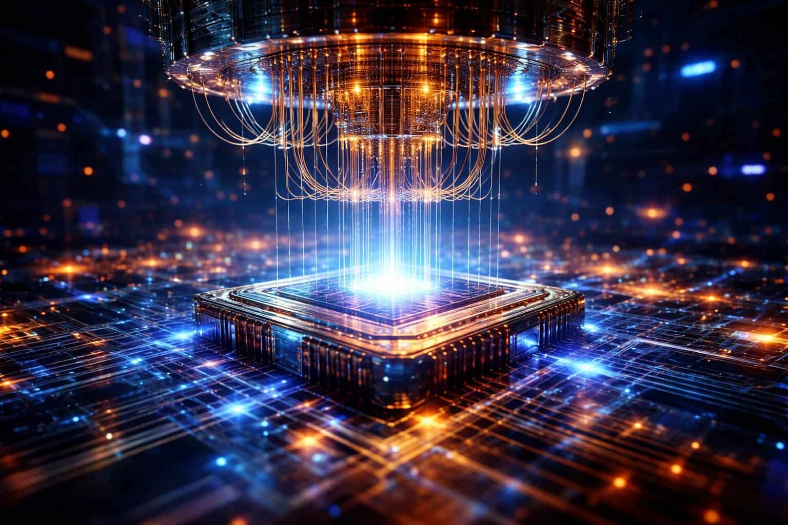 Wizualizacja komputera kwantowego z układem chłodzenia i przewodami