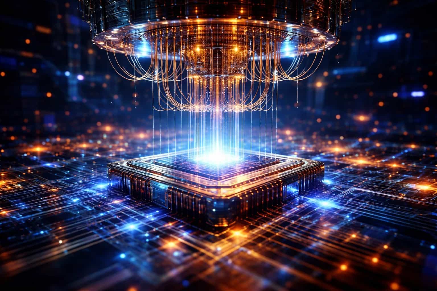 Wizualizacja komputera kwantowego z układem chłodzenia i przewodami