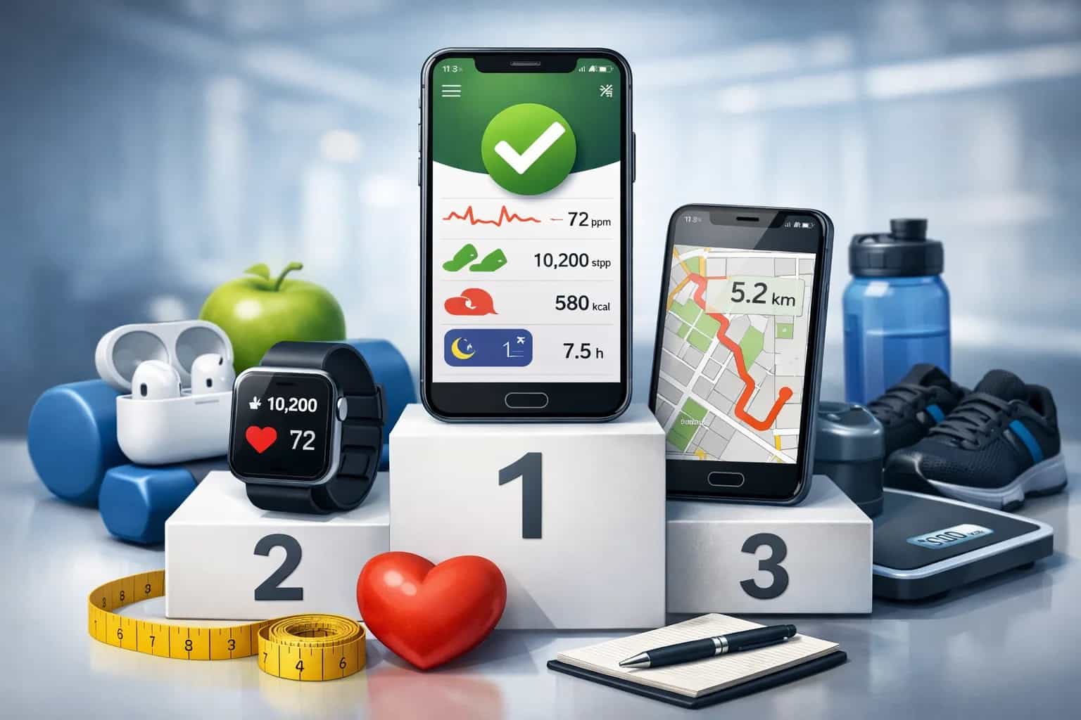 Smartfon i smartwatch z aplikacją zdrowotną pokazującą dane o aktywności, śnie i tętnie