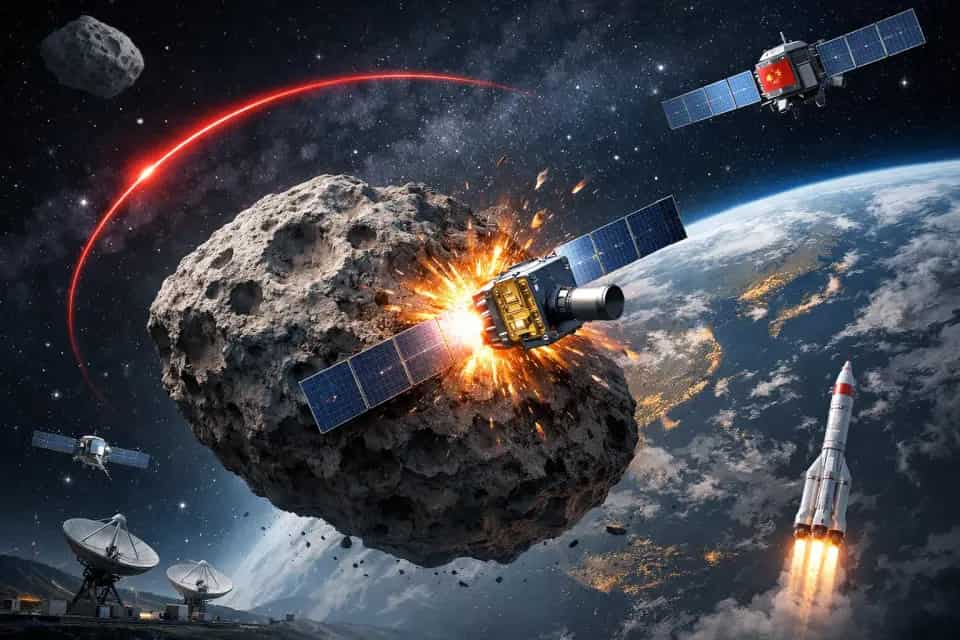 Wizualizacja sondy kosmicznej i planetoidy 2016 WP8 podczas testu impaktora kinetycznego