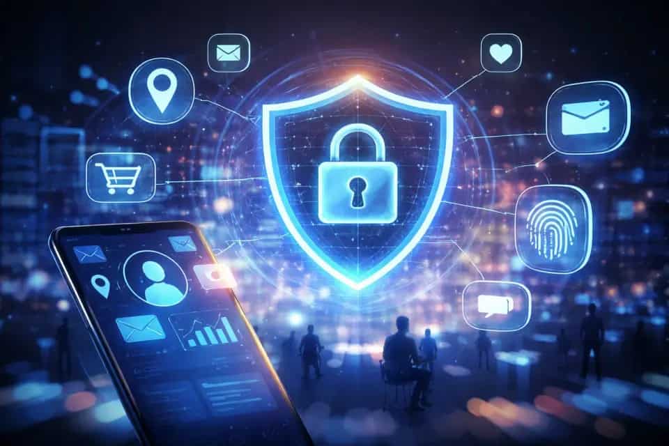 Smartfon z ekranem ustawień prywatności i ikonami aplikacji w tle