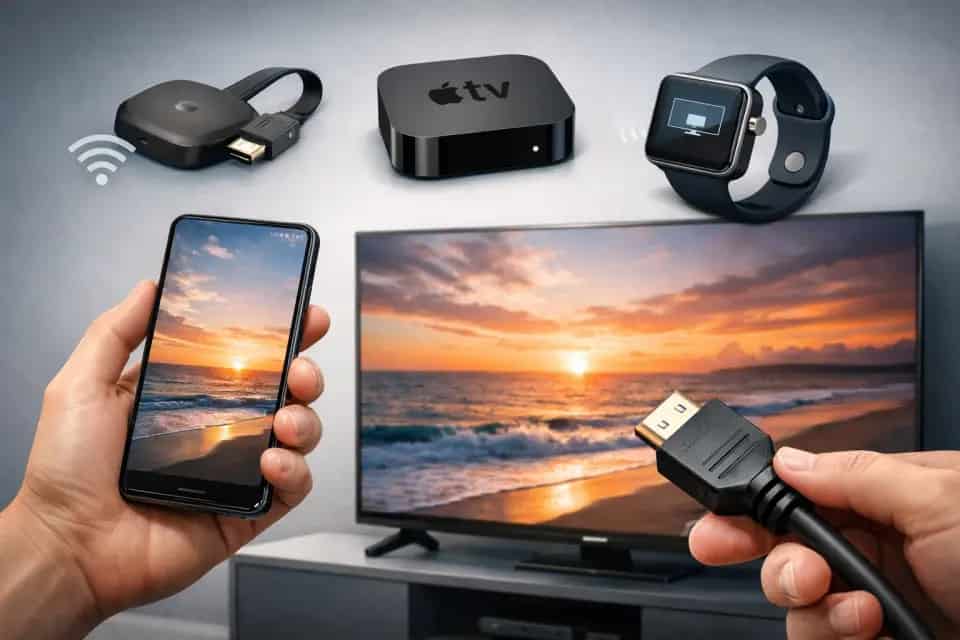 Smartfon połączony z telewizorem wyświetlającym ekran telefonu