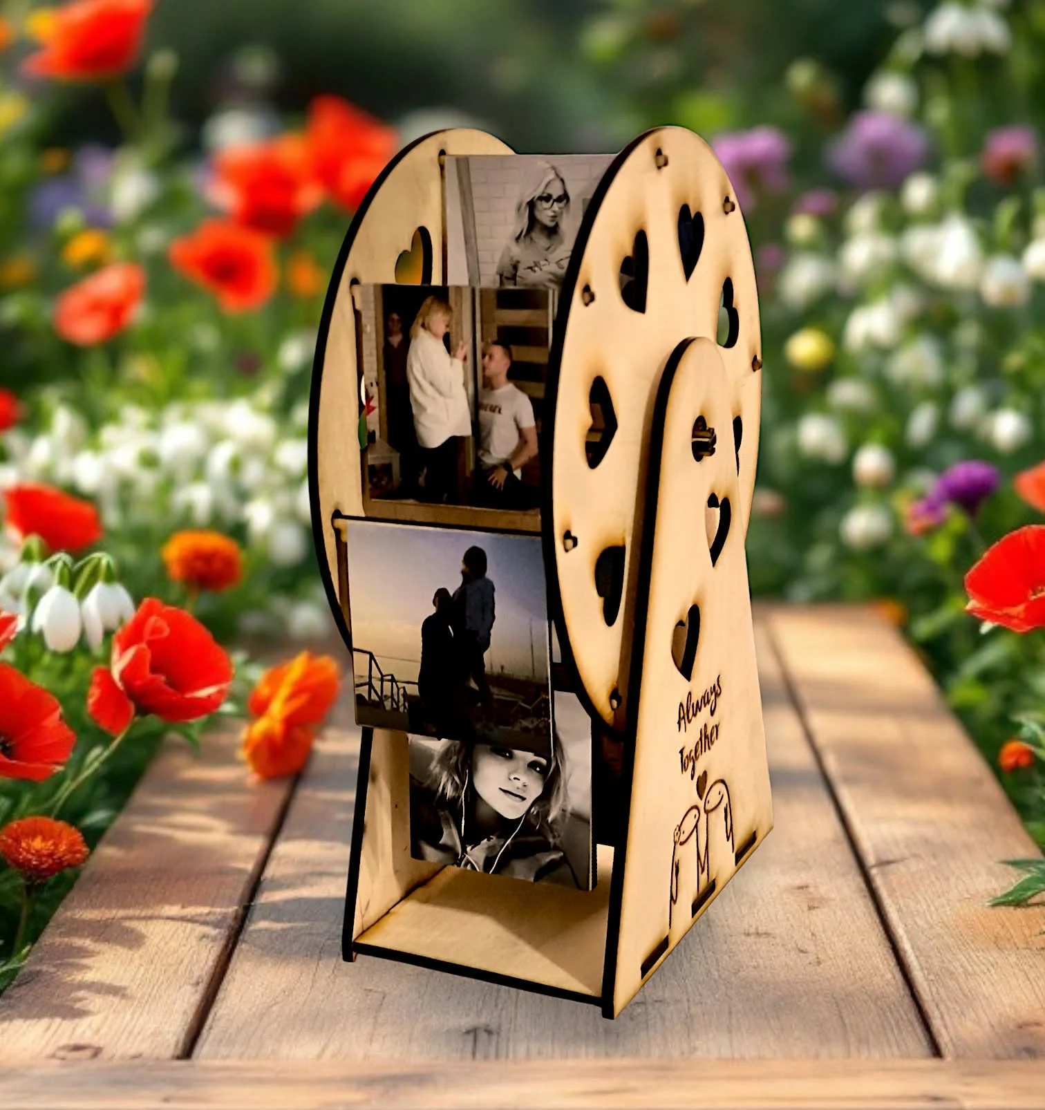 Dekoracyjne kolo wspomnien wykonane z drewna i wycinane laserowo.